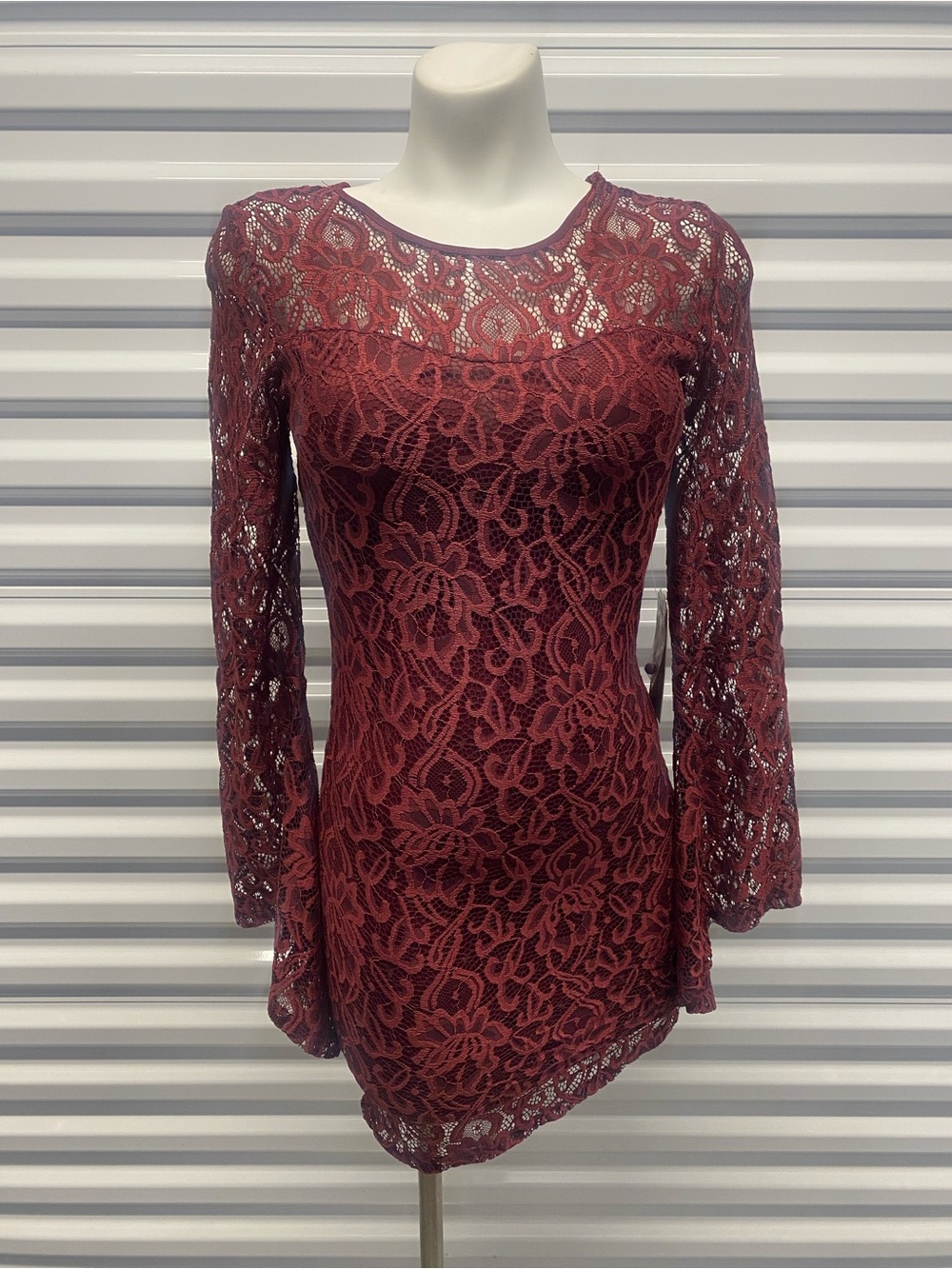 J for Justify Burgundy Floral Lace Long-Sleeve Dress